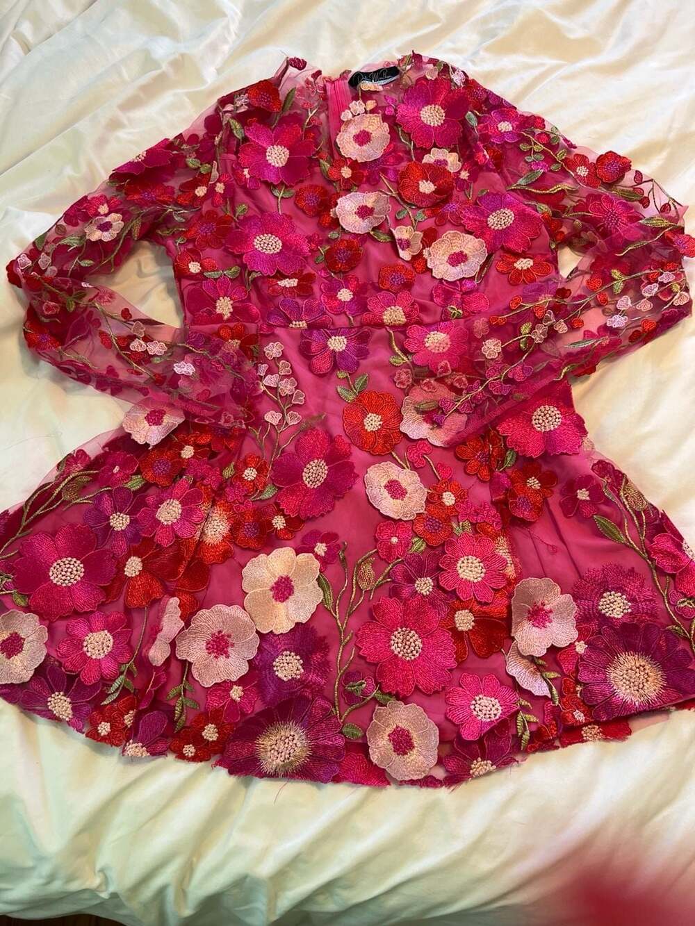 DALIA MACPHEE 3D Floral Appliqué Mesh Long Sleeve Fit and Flare Mini Dress